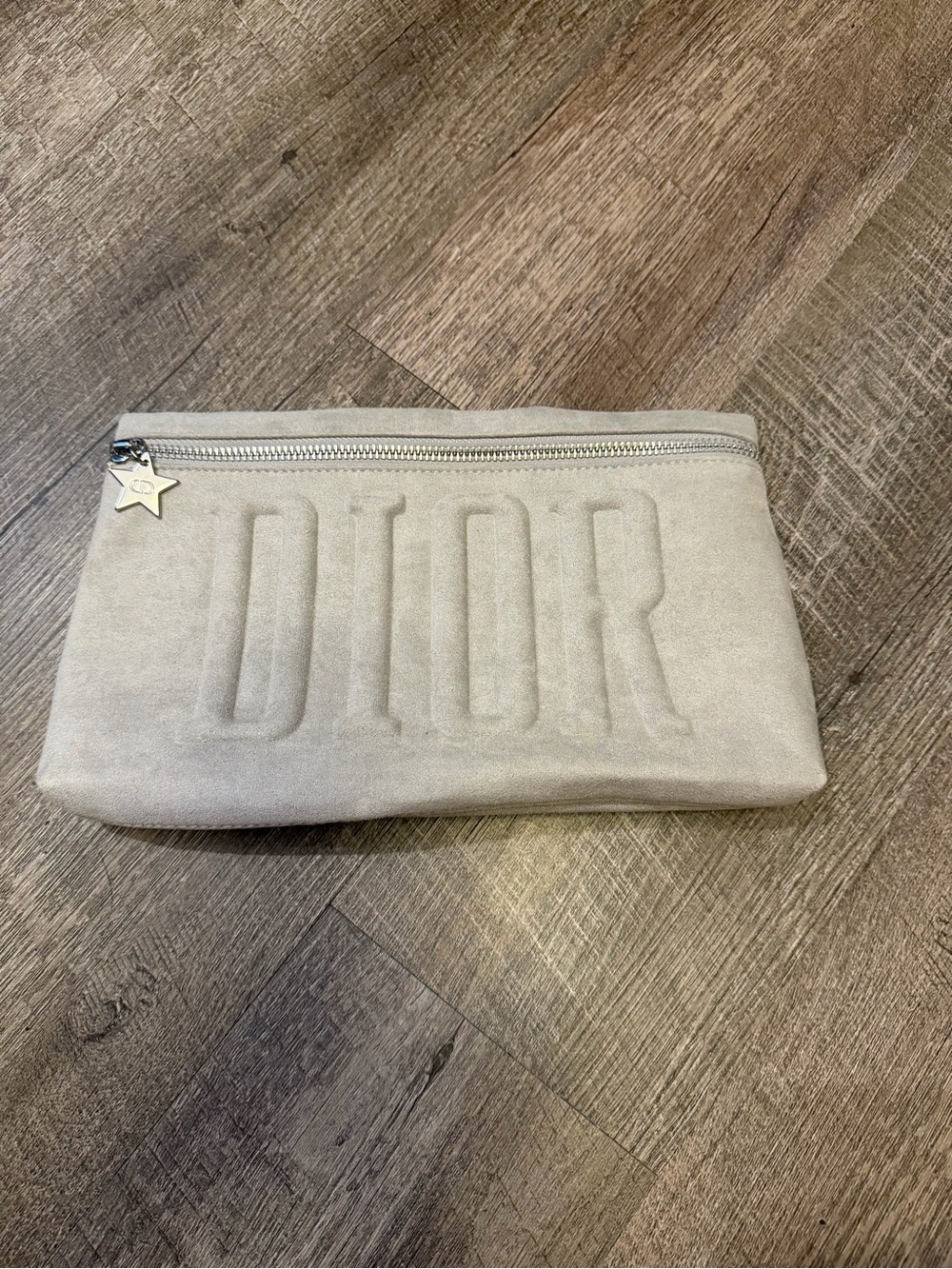 Christian Dior Beauty Beige Suede Cosmetic Makeup Pouch Embossed Logo Star Zip